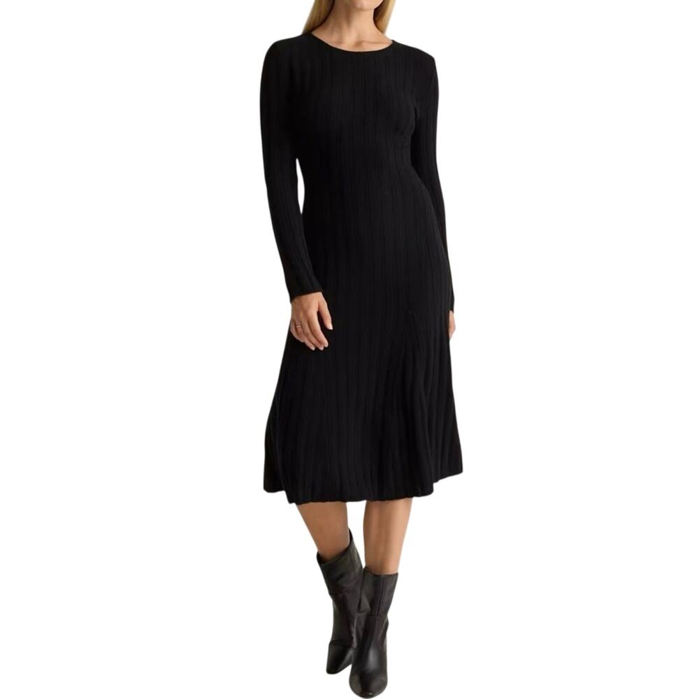 New Quince Womens Mongolian Cashmere Wide Rib Midi Sweater Dress Black Large